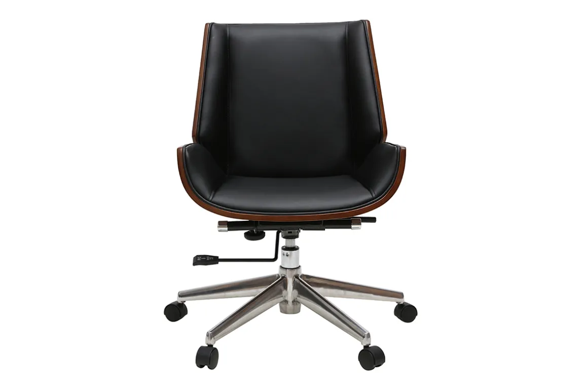 Miliboo Fauteuil De Bureau-Chaise de bureau à roulettes design noir, bois foncé noyer et acier chromé CURVED