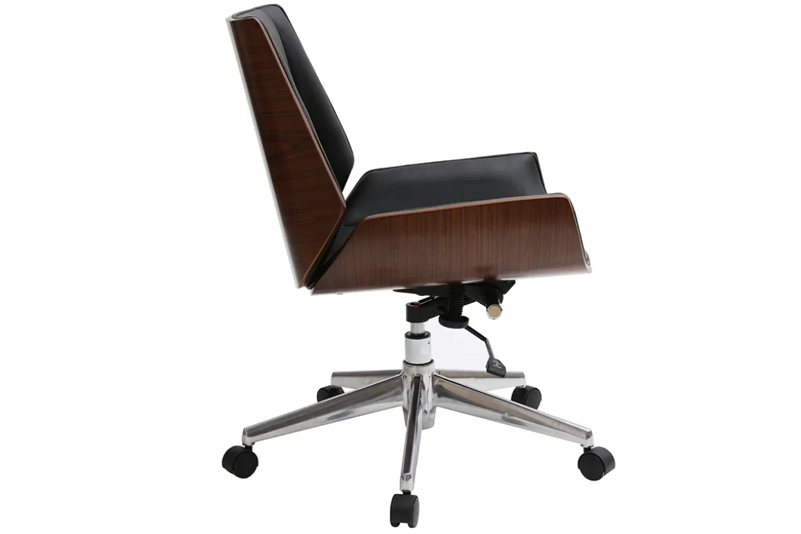 Miliboo Fauteuil De Bureau-Chaise de bureau à roulettes design noir, bois foncé noyer et acier chromé CURVED