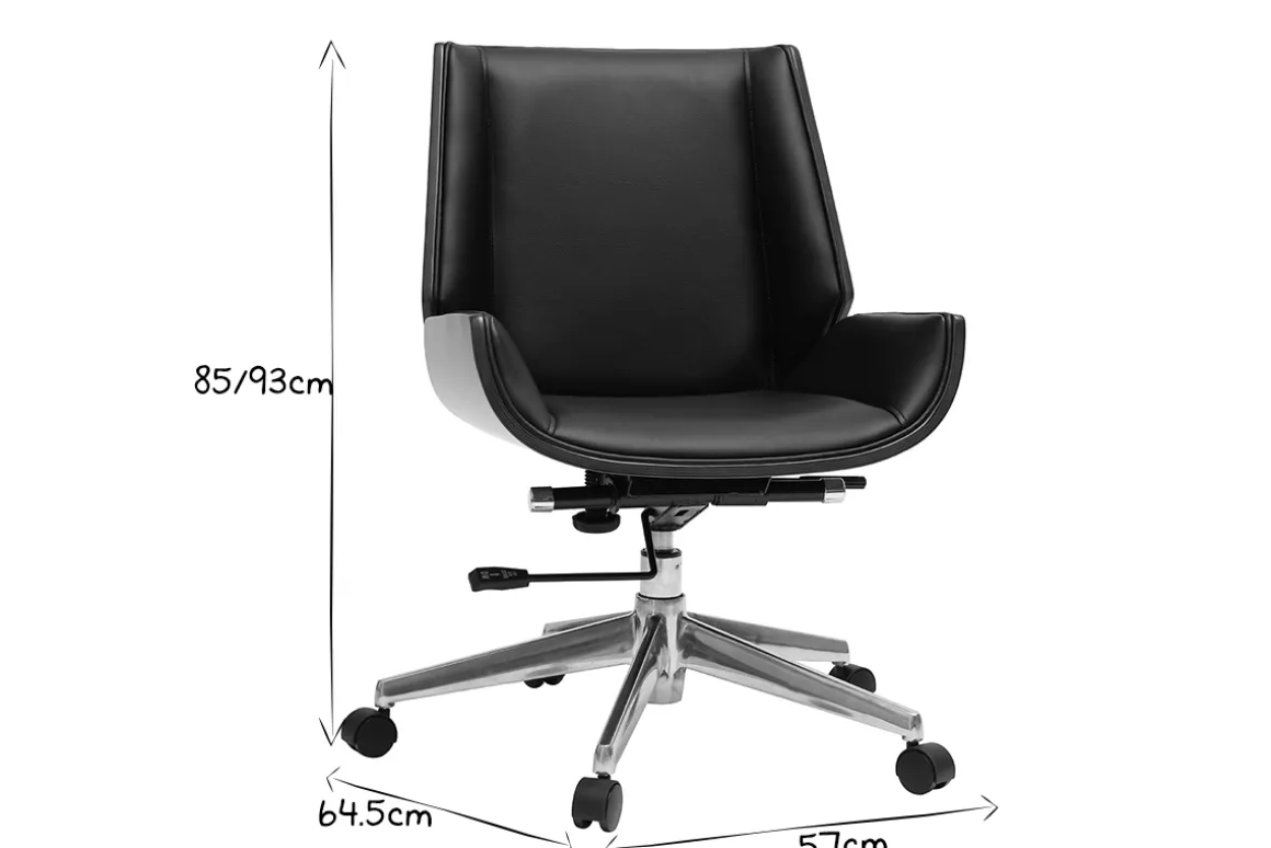 Miliboo Fauteuil De Bureau-Chaise de bureau à roulettes design noir, bois foncé noyer et acier chromé CURVED