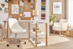 Miliboo Fauteuil De Bureau|Fauteuil De Bureau Petit Prix-Chaise de bureau à roulettes design blanc, bois clair et acier chromé QUINO