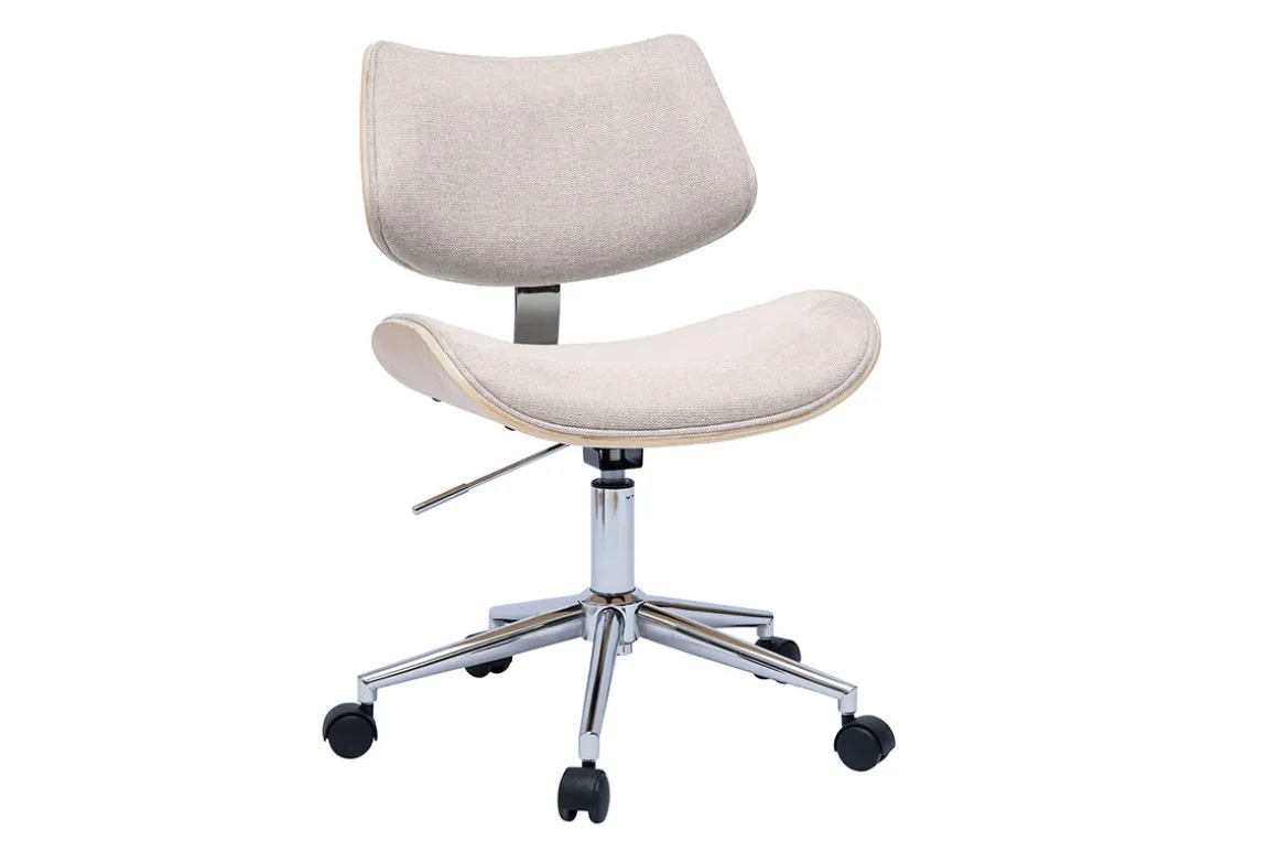 Miliboo Fauteuil De Bureau|Fauteuil De Bureau Petit Prix-Chaise de bureau à roulettes design en tissu effet velours texturé beige, bois clair chêne et métal MALMO