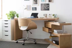 Miliboo Fauteuil De Bureau|Fauteuil De Bureau Petit Prix-Chaise de bureau à roulettes design blanc, bois clair et acier chromé BENT