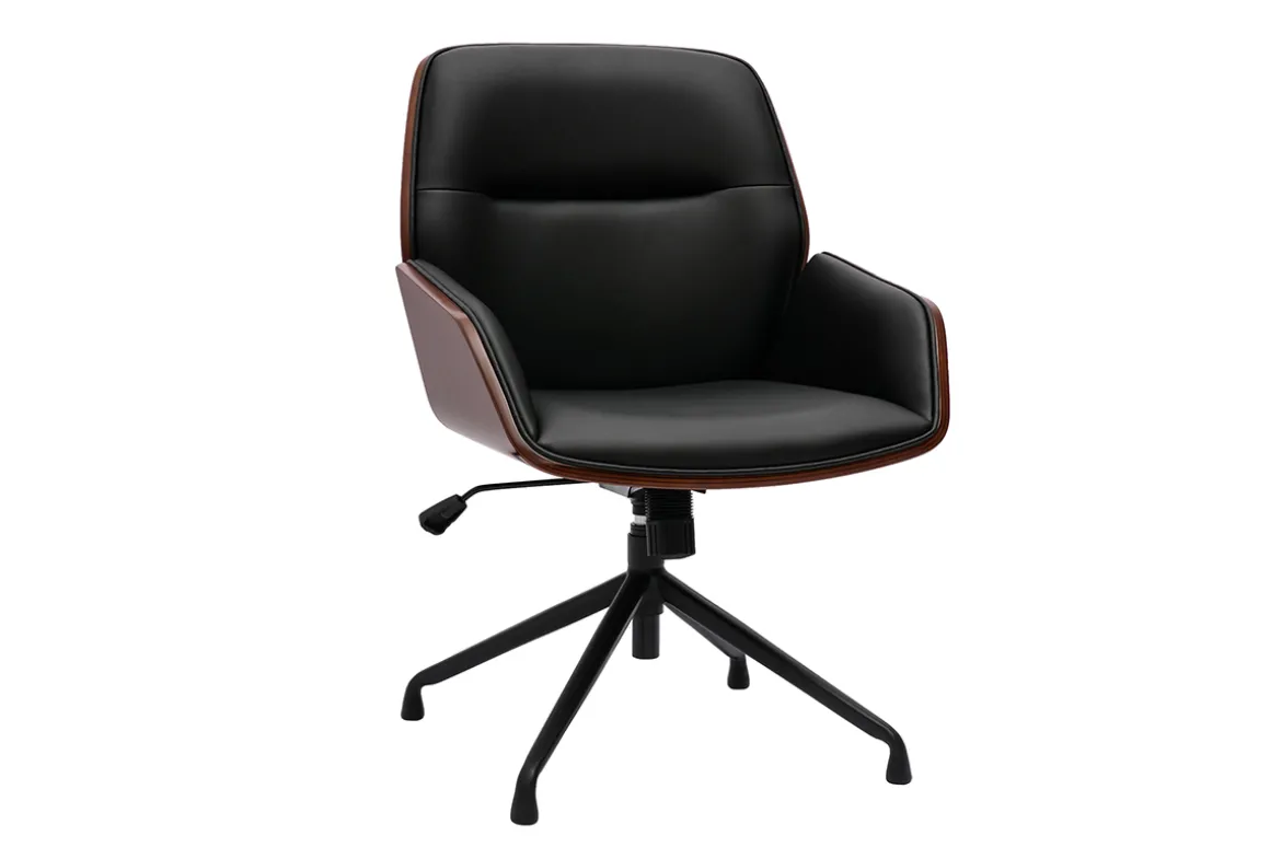 Miliboo Fauteuil De Bureau-Chaise de bureau design pivotante 360° noir, bois foncé et métal noir MARLOW