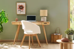 Miliboo Chaise Design-Chaise scandinave en tissu effet laine bouclée blanc et bois clair massif PRISMA