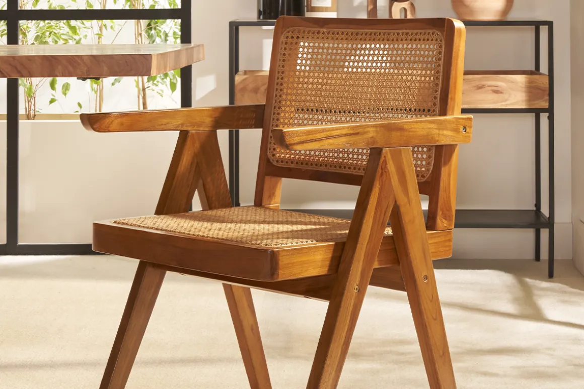 Miliboo Chaise Design|Chaise En Bois-Chaise vintage en bois teck massif et cannage rotin JANNIE