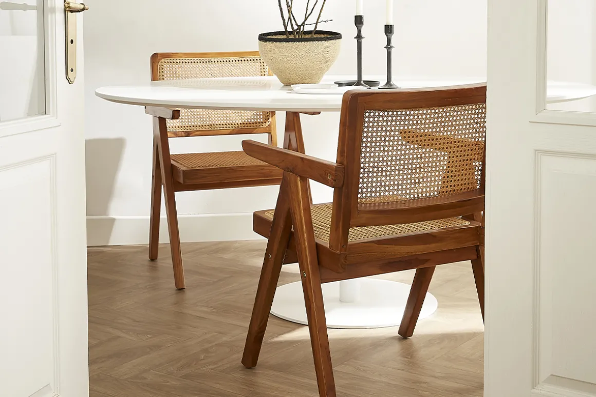 Miliboo Chaise Design|Chaise En Bois-Chaise vintage en bois teck massif et cannage rotin JANNIE