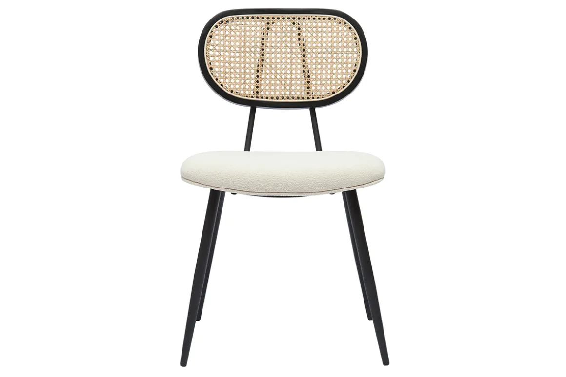 Miliboo Chaise Design-Chaises design en tissu effet laine bouclée blanc cassé, métal noir et cannage rotin naturel (lot de 2) TOLMA