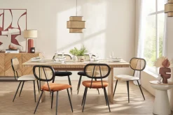 Miliboo Chaise Design-Chaises design en tissu effet laine bouclée blanc cassé, métal noir et cannage rotin naturel (lot de 2) TOLMA