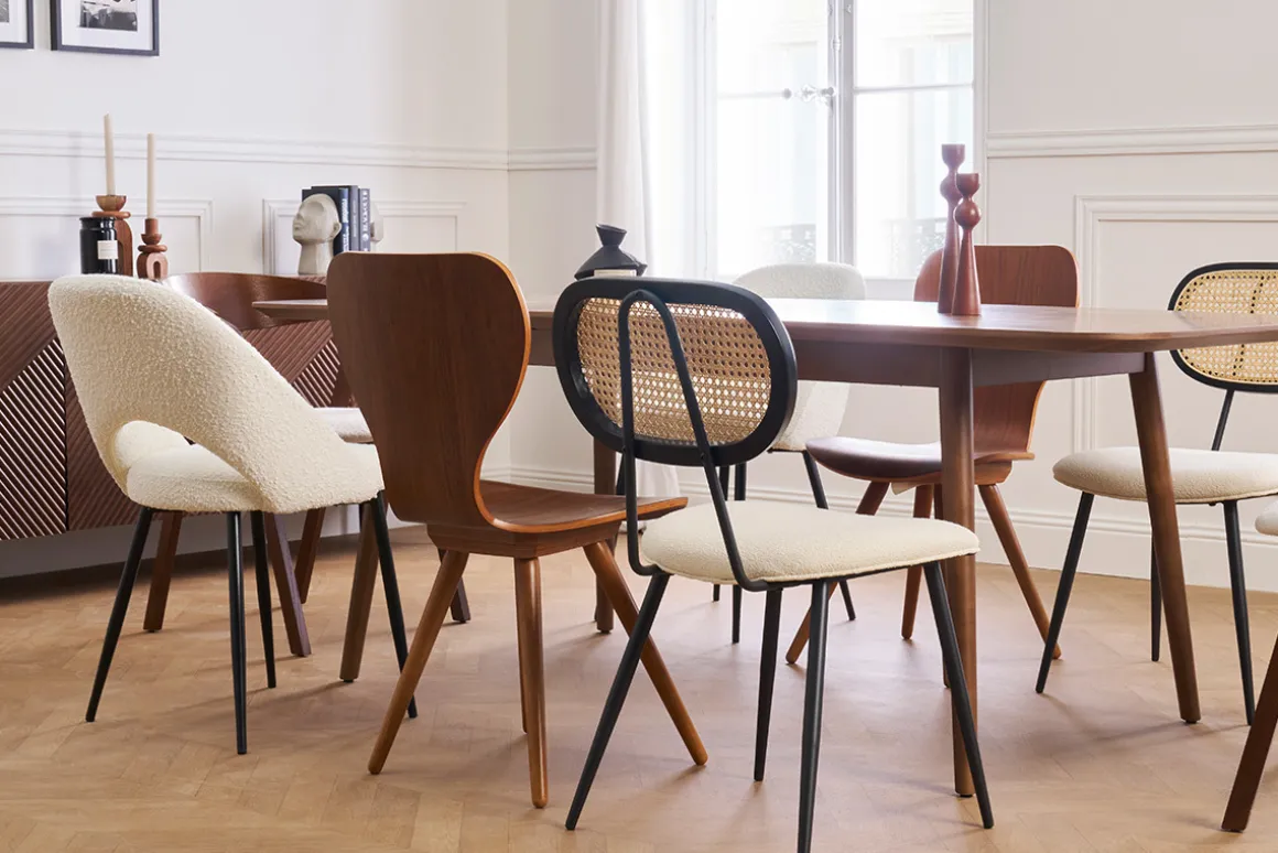 Miliboo Chaise Design-Chaises design en tissu effet laine bouclée blanc cassé, métal noir et cannage rotin naturel (lot de 2) TOLMA