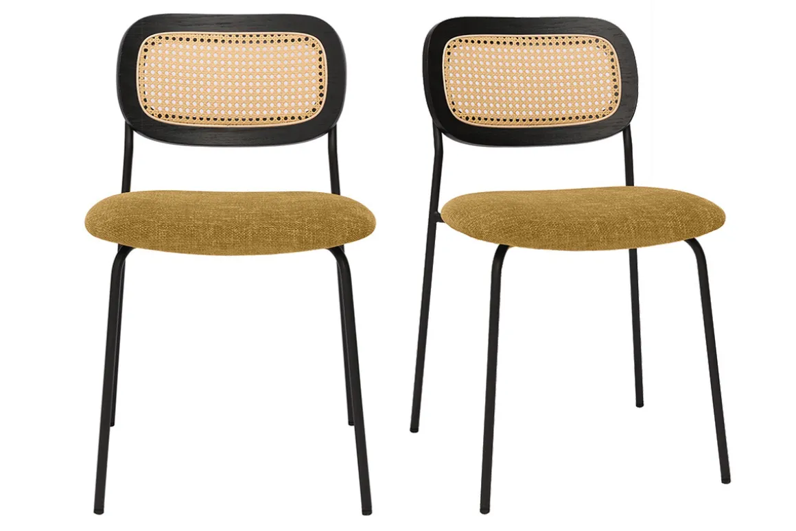 Miliboo Chaise Design-Chaises design en tissu effet velours texturé bronze, métal noir et cannage rotin (lot de 2) MIRANDA