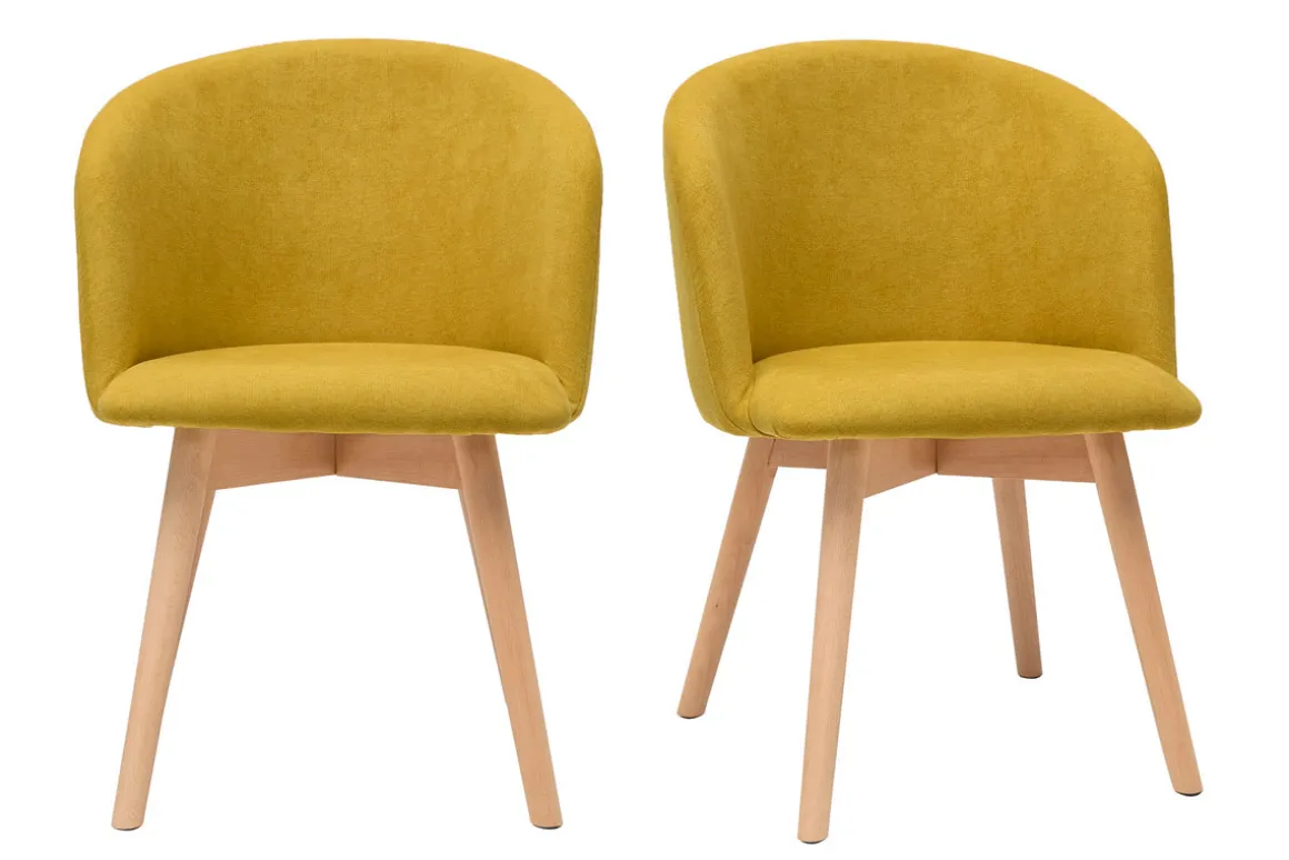 Miliboo Chaise Design-Chaises scandinaves en tissu effet velours jaune moutarde et bois clair massif (lot de 2) VANITY