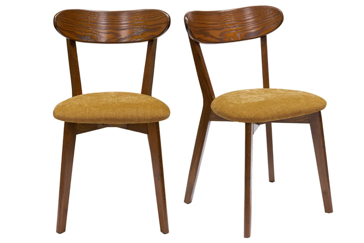 Miliboo Chaise Design|Chaise En Bois-Chaises vintage bois foncé chêne et tissu effet velours jaune moutarde (lot de 2) DOVE