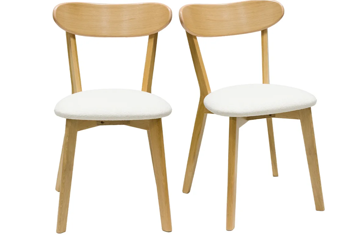 Miliboo Chaise Design-Chaises vintage en bois clair chêne et tissu effet laine bouclée blanc (lot de 2) DOVE
