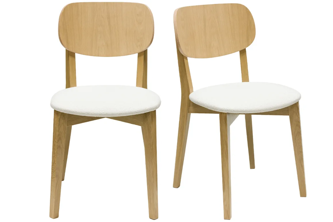 Miliboo Chaise Design-Chaises vintage en bois clair chêne et tissu effet laine bouclée blanc (lot de 2) LUCIA
