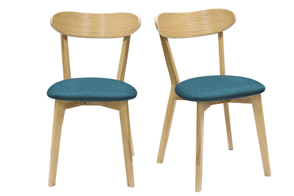 Miliboo Chaise Design|Chaise En Bois-Chaises vintage en bois clair chêne et tissu bleu paon (lot de 2) DOVE