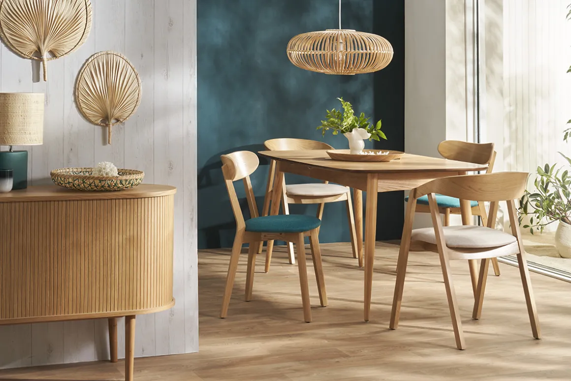 Miliboo Chaise Design|Chaise En Bois-Chaises vintage en bois clair chêne et tissu bleu paon (lot de 2) DOVE