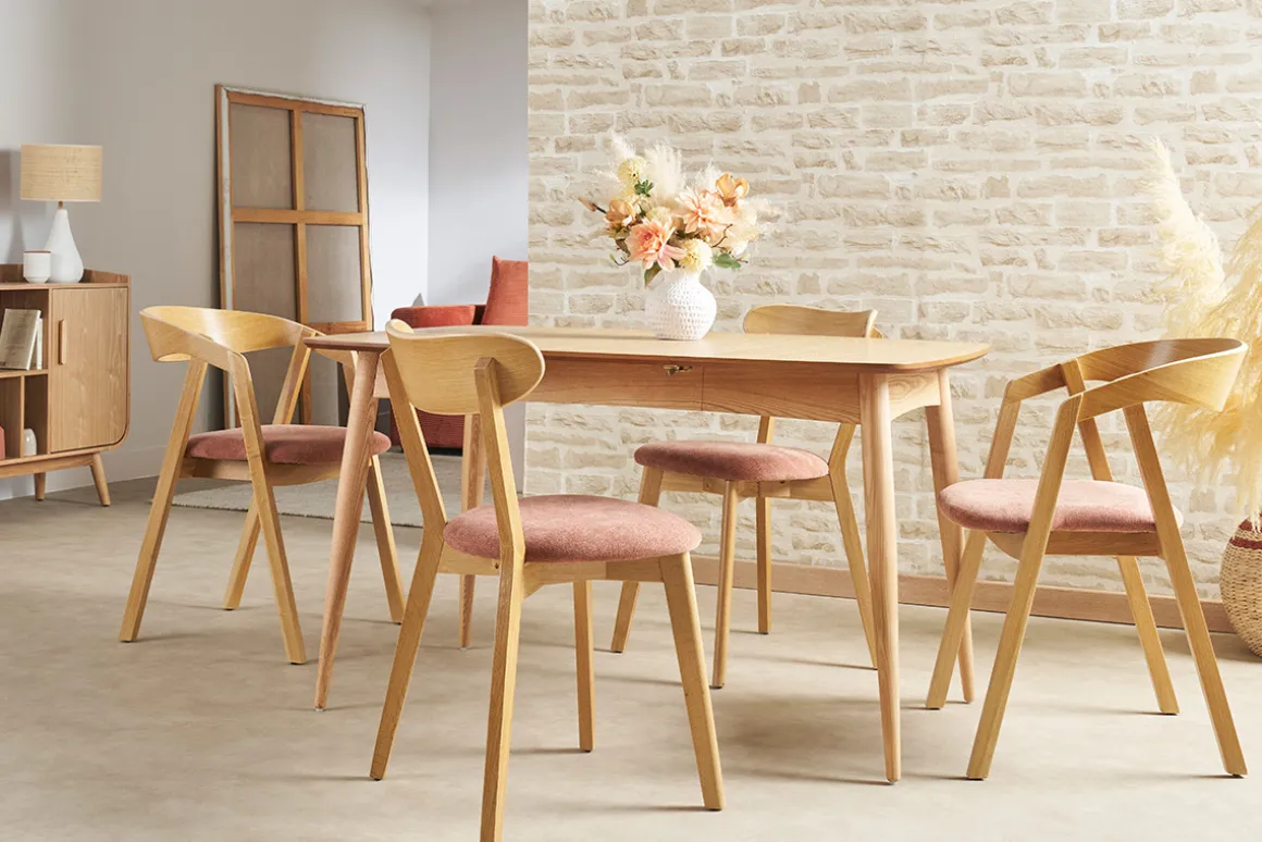 Miliboo Chaise Design|Chaise En Bois-Chaises vintage en bois clair chêne et tissu effet velours terracotta (lot de 2) DOVE