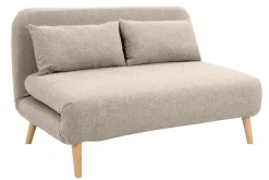 Miliboo Canapé Convertible|Voir Tous Les Canapés-Chauffeuse 2 places convertible en tissu taupe et bois clair AMIKO