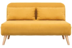 Miliboo Canapé Convertible|Voir Tous Les Canapés-Chauffeuse 2 places convertible en tissu effet velours moutarde et bois clair AMIKO