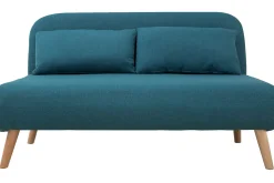 Miliboo Canapé Convertible|Voir Tous Les Canapés-Chauffeuse 2 places convertible en tissu bleu canard et bois clair AMIKO