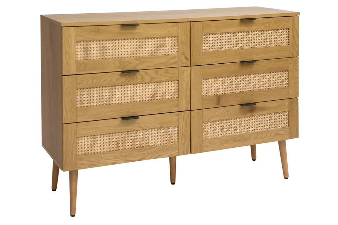 Miliboo Commode|Commode-Commode finition bois clair, cannage en rotin et métal noir 3 tiroirs L120 cm MANILLE