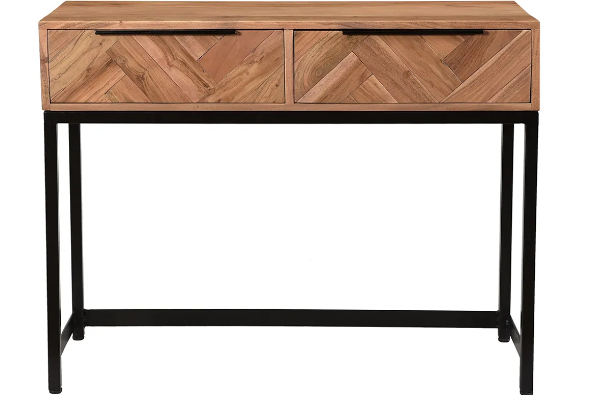 Miliboo Console|Meuble D'entrée-Console avec rangement 2 tiroirs à motifs chevrons en bois massif et métal noir L100 cm STICK