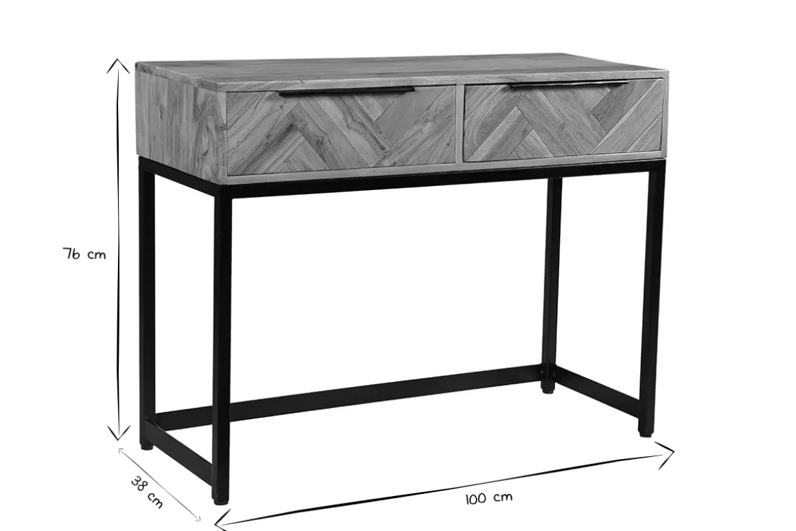 Miliboo Console|Meuble D'entrée-Console avec rangement 2 tiroirs à motifs chevrons en bois massif et métal noir L100 cm STICK