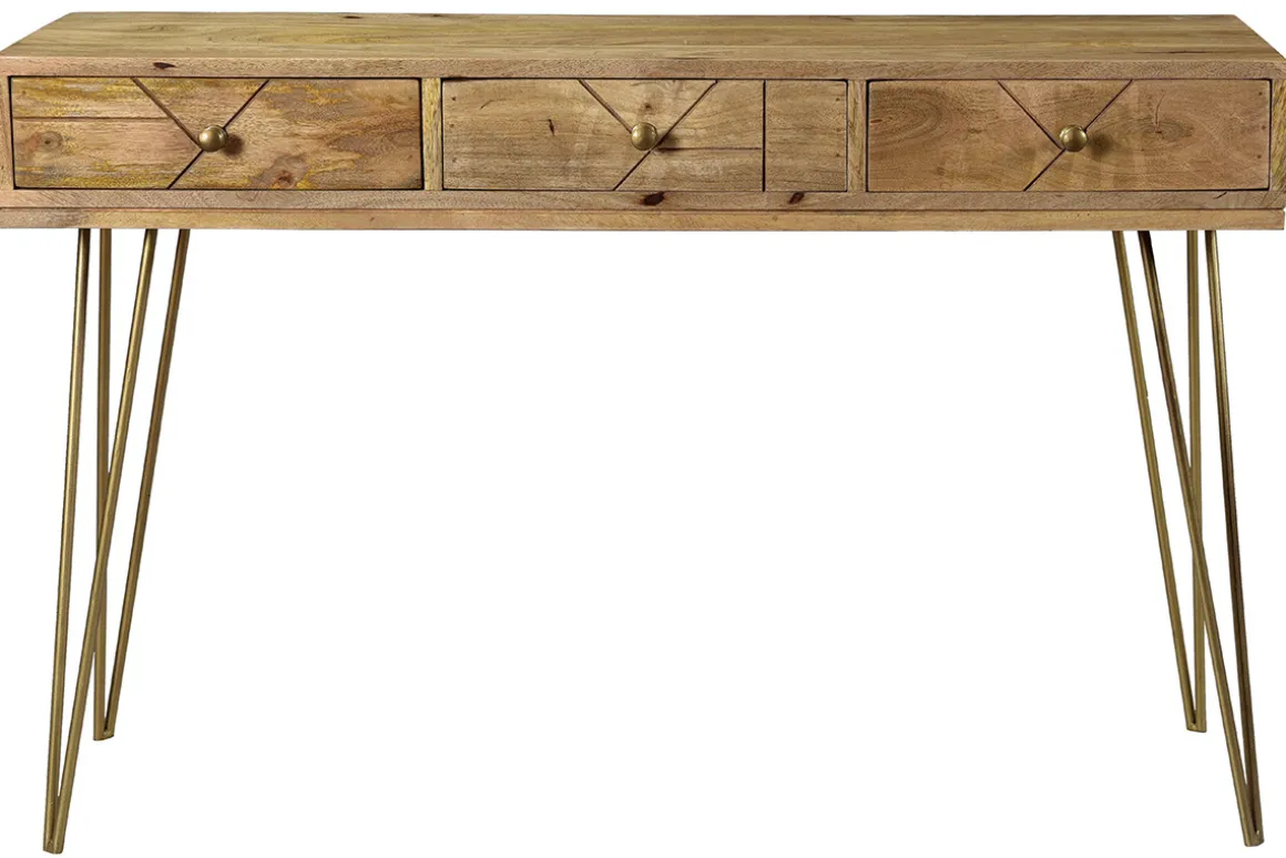 Miliboo Console|Meuble D'entrée-Console avec rangements 3 tiroirs en bois manguier massif gravé et métal doré L120 cm LINIUM