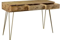 Miliboo Console|Meuble D'entrée-Console avec rangements 3 tiroirs en bois manguier massif gravé et métal doré L120 cm LINIUM