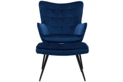 Miliboo Fauteuil Design|Voir Tous Les Fauteuils-Fauteuil avec repose-pieds design en tissu velours bleu foncé et métal noir MOOD