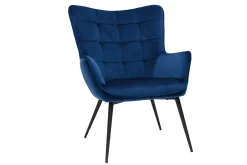 Miliboo Fauteuil Design|Voir Tous Les Fauteuils-Fauteuil avec repose-pieds design en tissu velours bleu foncé et métal noir MOOD