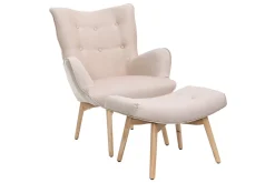 Miliboo Fauteuil Design|Voir Tous Les Fauteuils-Fauteuil avec repose-pieds scandinave en tissu rose poudré et bois clair BRISTOL