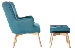 Miliboo Fauteuil Design|Voir Tous Les Fauteuils-Fauteuil avec repose-pieds scandinave en tissu bleu canard et bois clair BRISTOL