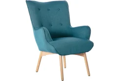 Miliboo Fauteuil Design|Voir Tous Les Fauteuils-Fauteuil avec repose-pieds scandinave en tissu bleu canard et bois clair BRISTOL