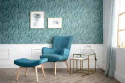 Miliboo Fauteuil Design|Voir Tous Les Fauteuils-Fauteuil avec repose-pieds scandinave en tissu bleu canard et bois clair BRISTOL