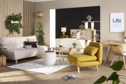 Miliboo Fauteuil Design|Voir Tous Les Fauteuils-Fauteuil convertible scandinave en tissu effet velours jaune moutarde et bois clair AMIKO