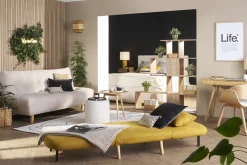 Miliboo Fauteuil Design|Voir Tous Les Fauteuils-Fauteuil convertible scandinave en tissu effet velours jaune moutarde et bois clair AMIKO