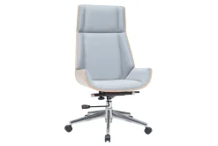 Miliboo Fauteuil De Bureau|Fauteuil De Bureau Ergonomique-Fauteuil de bureau de direction design en tissu gris clair, bois clair et acier chromé CURVED