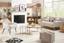 Miliboo Fauteuil Design|Voir Tous Les Fauteuils-Fauteuil design en tissu effet velours texturé beige et métal noir GASTON