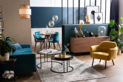 Miliboo Fauteuil Design|Voir Tous Les Fauteuils-Fauteuil design en tissu effet velours jaune moutarde et métal noir LAURENS