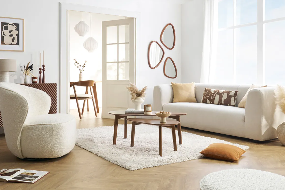 Miliboo Fauteuil Design|Voir Tous Les Fauteuils-Fauteuil design pivotant en tissu effet laine bouclée blanc AMBER