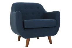 Miliboo Fauteuil Design|Voir Tous Les Fauteuils-Fauteuil déhoussable en tissu bleu foncé et bois foncé YNOK