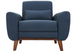Miliboo Fauteuil Design|Voir Tous Les Fauteuils-Fauteuil en tissu bleu foncé et bois foncé EKTOR