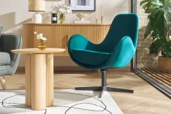 Miliboo Fauteuil Design|Voir Tous Les Fauteuils-Fauteuil pivotant design en tissu velours gaufré bleu canard et métal noir ANDY