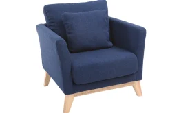 Miliboo Fauteuil Design|Voir Tous Les Fauteuils-Fauteuil scandinave déhoussable en tissu bleu foncé et bois clair OSLO