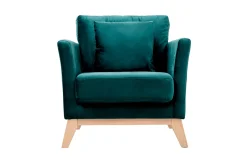 Miliboo Fauteuil Design|Voir Tous Les Fauteuils-Fauteuil scandinave déhoussable en tissu velours bleu pétrole et bois clair OSLO