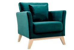 Miliboo Fauteuil Design|Voir Tous Les Fauteuils-Fauteuil scandinave déhoussable en tissu velours bleu pétrole et bois clair OSLO