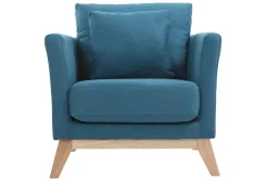 Miliboo Fauteuil Design|Voir Tous Les Fauteuils-Fauteuil scandinave déhoussable en tissu bleu canard et bois clair OSLO