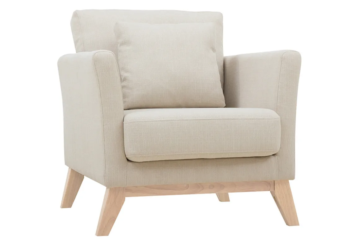 Miliboo Fauteuil Design|Voir Tous Les Fauteuils-Fauteuil scandinave déhoussable en tissu beige et bois clair OSLO