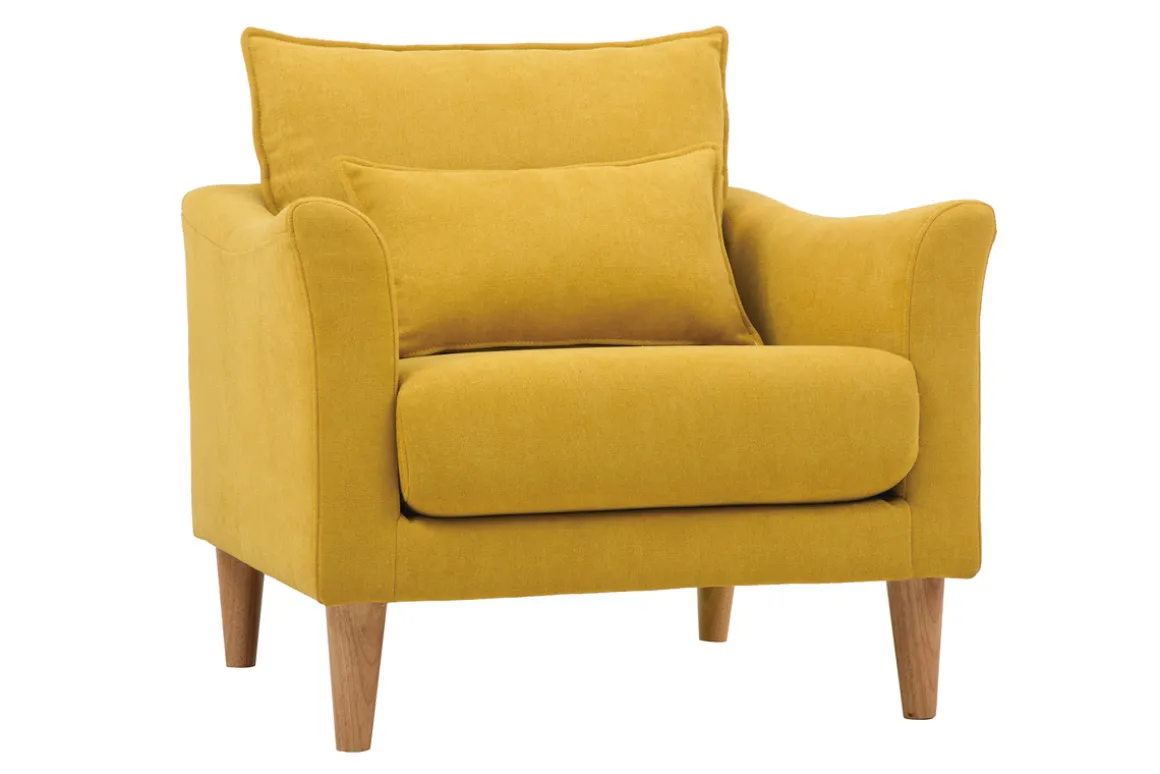 Miliboo Fauteuil Design|Voir Tous Les Fauteuils-Fauteuil scandinave en tissu effet velours jaune moutarde et bois clair KATE